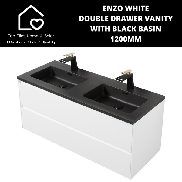 Enzo White Double Drawer Vanity With Black Basin - 1200mm