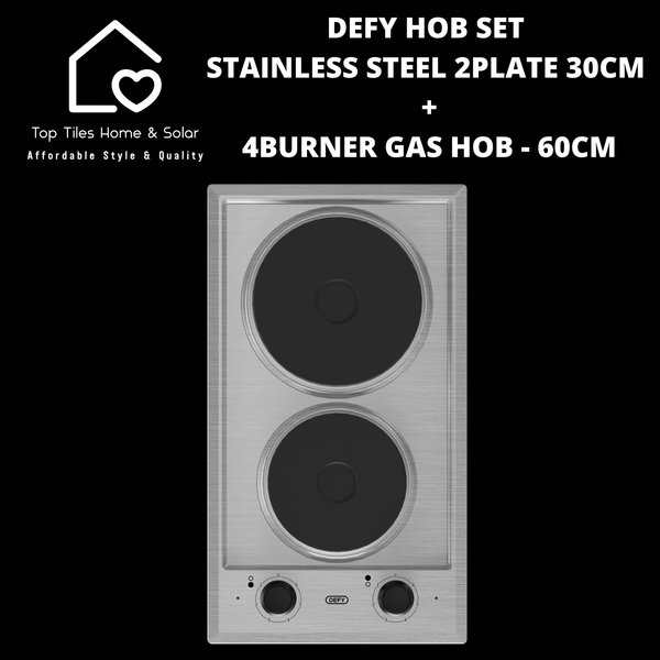 Defy Hob Set - Stainless Steel 2Plate Solid 30cm + 4Burner Gas Hob - 60cm