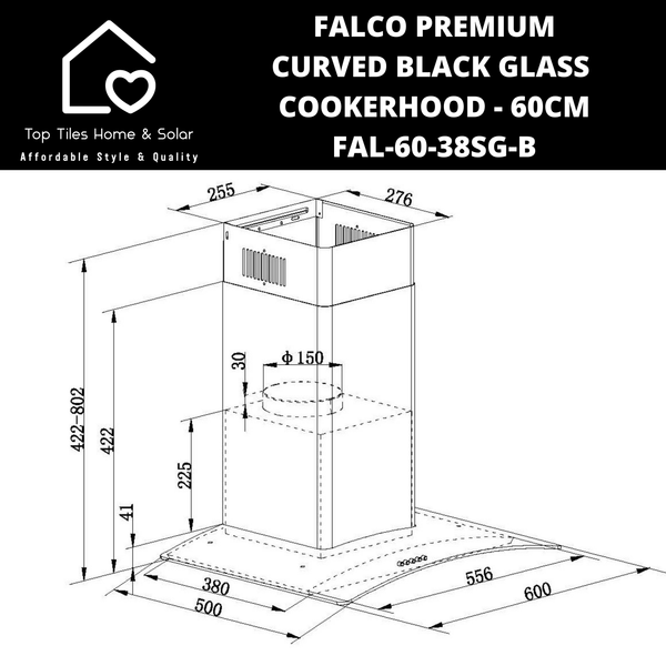 Falco Premium Curved Black Glass Cookerhood - 60cm FAL-60-38SG-B