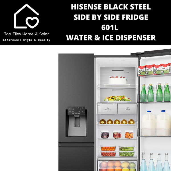 Hisense Black Steel Smart Side By Side Fridge  - 601L Water & Ice Dispenser