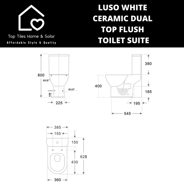 Luso White Ceramic Dual Top Flush Toilet Suite