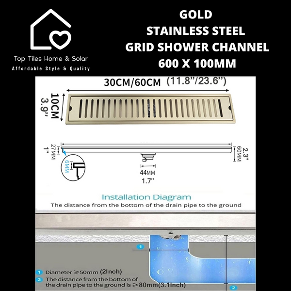 Gold Stainless Steel Grid Shower Channel - 600 x 100mm