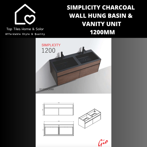 Simplicity Charcoal Wall Hung Basin & Vanity Unit - 1200mm