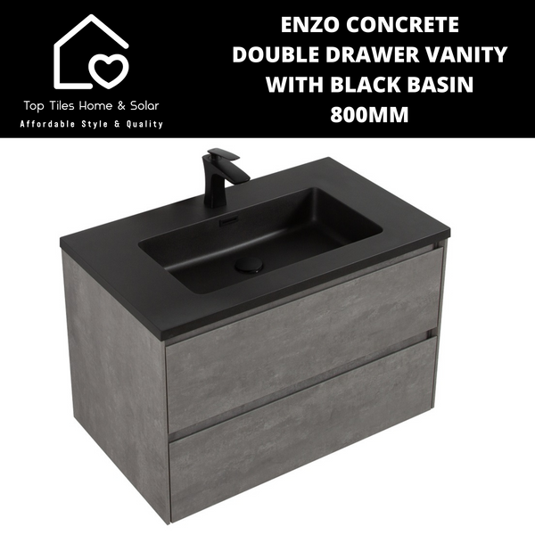 Enzo Concrete Double Drawer Vanity With Black Basin - 800mm