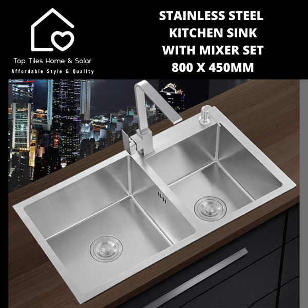 Stainless Steel Double Bowl Kitchen Sink with Mixer Set - 800 x 450mm