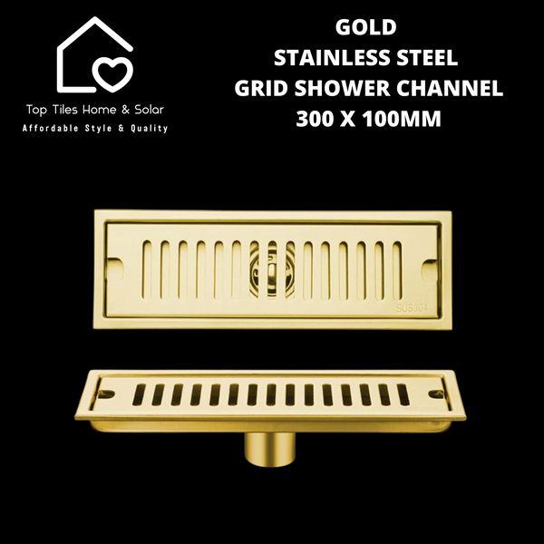 Gold Stainless Steel Grid Shower Channel - 300 x 100mm