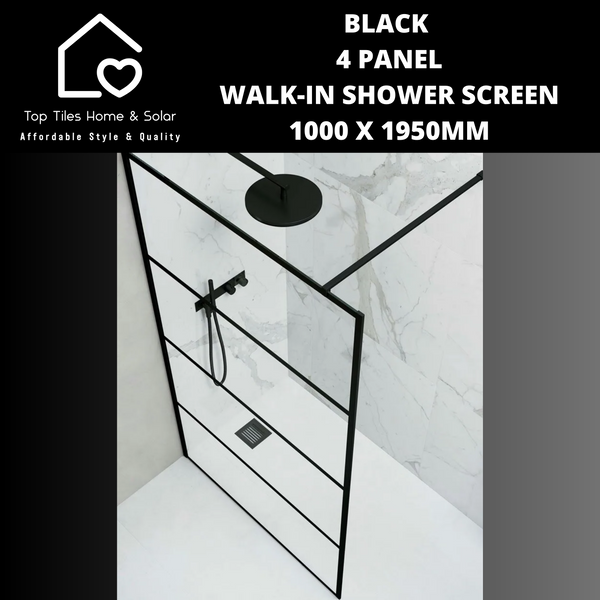 Black 4 Panel Walk-In Shower Screen - 1000 x 1950mm