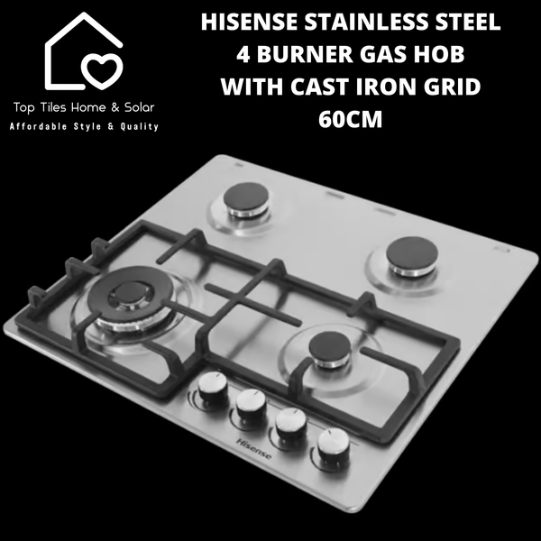 Hisense Stainless Steel 4 Burner Gas Hob with Cast Iron Grid - 60cm