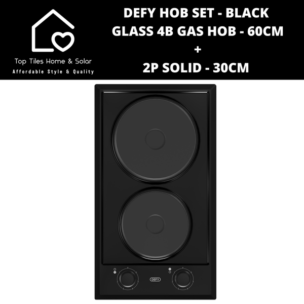 Defy Hob Set - Black Glass 4B Gas Hob - 60cm + 2P Solid 30cm