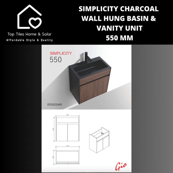 Simplicity Charcoal Wall Hung Basin & Vanity Unit - 550mm