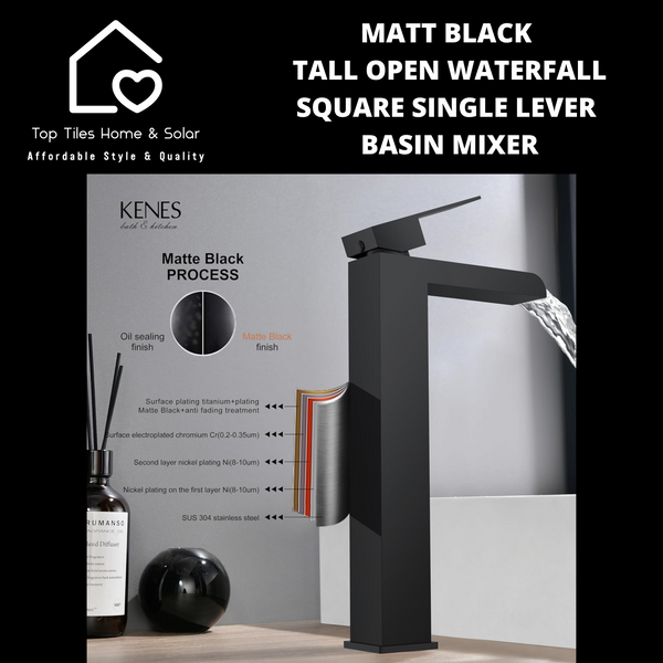 Matt Black Tall Open Waterfall Square Single Lever Basin Mixer