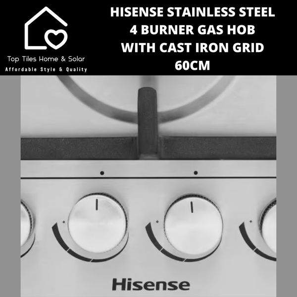 Hisense Stainless Steel 4 Burner Gas Hob with Cast Iron Grid - 60cm