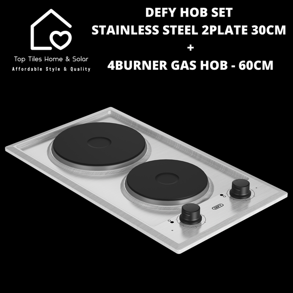 Defy Hob Set - Stainless Steel 2Plate Solid 30cm + 4Burner Gas Hob - 60cm