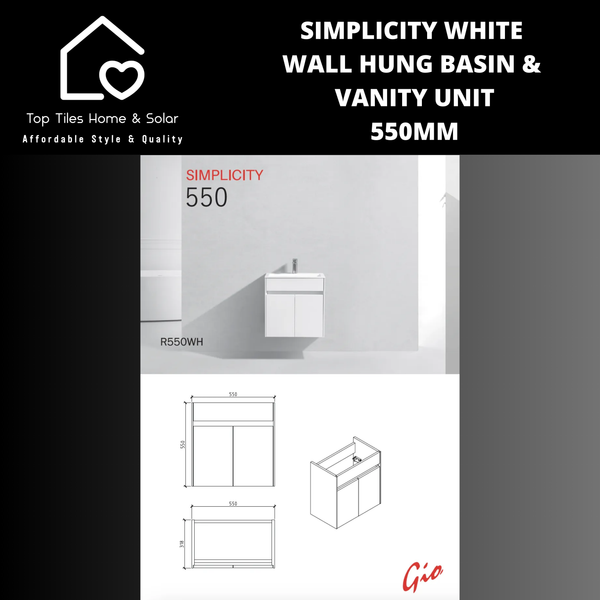 Simplicity White Wall Hung Basin & Vanity Unit - 550mm