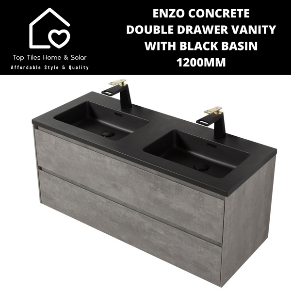 Enzo Concrete Double Drawer Vanity With Black Basin - 1200mm