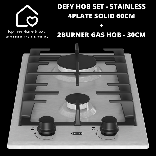 Defy Hob Set - Stainless Steel 4Plate Solid 60cm + 2Burner Gas Hob - 30cm