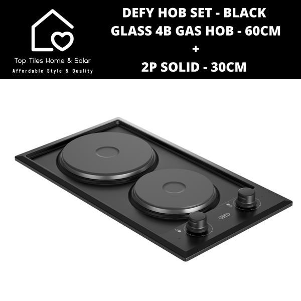 Defy Hob Set - Black Glass 4B Gas Hob - 60cm + 2P Solid 30cm