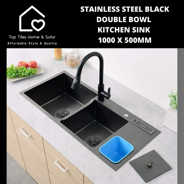 Stainless Steel Black Double Bowl Kitchen Sink - 1000 x 500mm