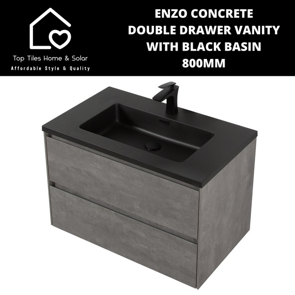 Enzo Concrete Double Drawer Vanity With Black Basin - 800mm