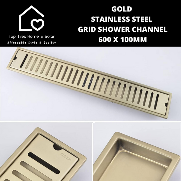 Gold Stainless Steel Grid Shower Channel - 600 x 100mm