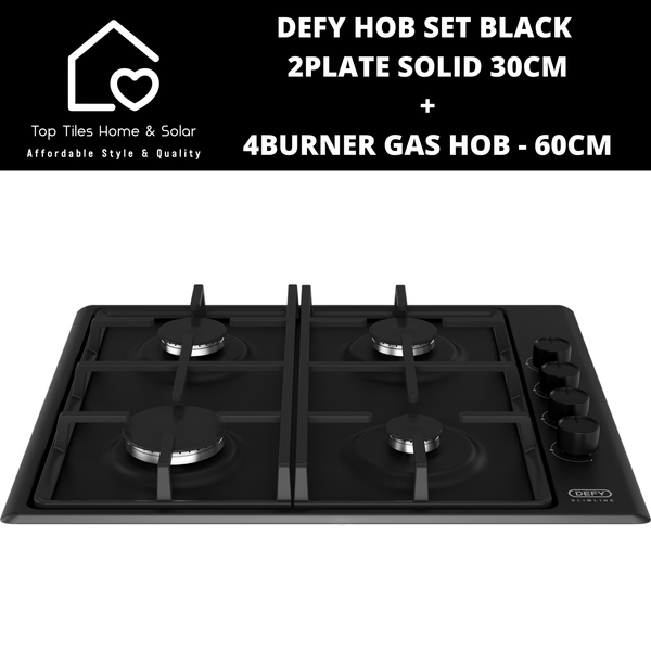 Defy Hob Set - Black 2Plate Solid 30cm + 4Burner Gas Hob - 60cm