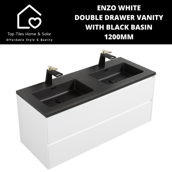 Enzo White Double Drawer Vanity With Black Basin - 1200mm