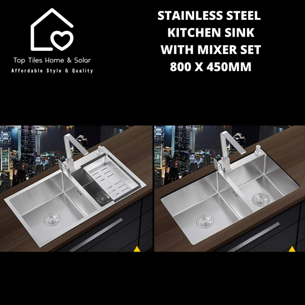 Stainless Steel Double Bowl Kitchen Sink with Mixer Set - 800 x 450mm