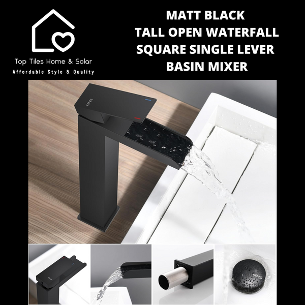 Matt Black Tall Open Waterfall Square Single Lever Basin Mixer