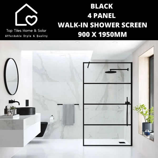 Black 4 Panel Walk-In Shower Screen - 900 x 1950mm