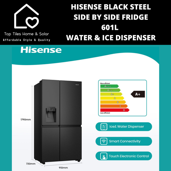 Hisense Black Steel Smart Side By Side Fridge  - 601L Water & Ice Dispenser