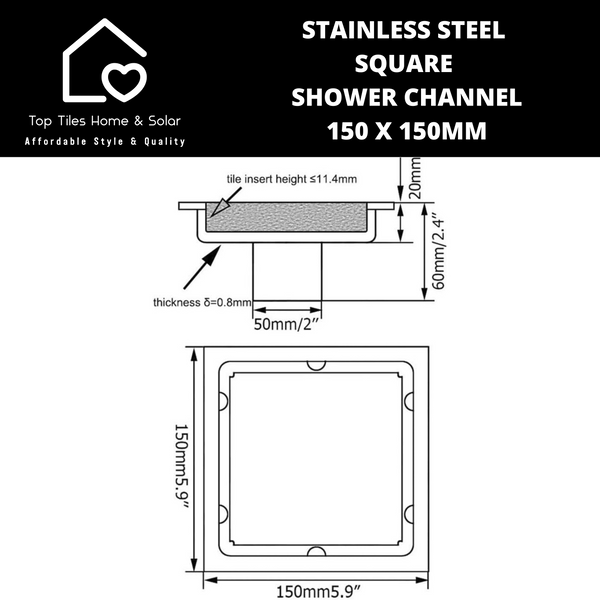 Stainless Steel Square Shower Channel - 150 x 150mm