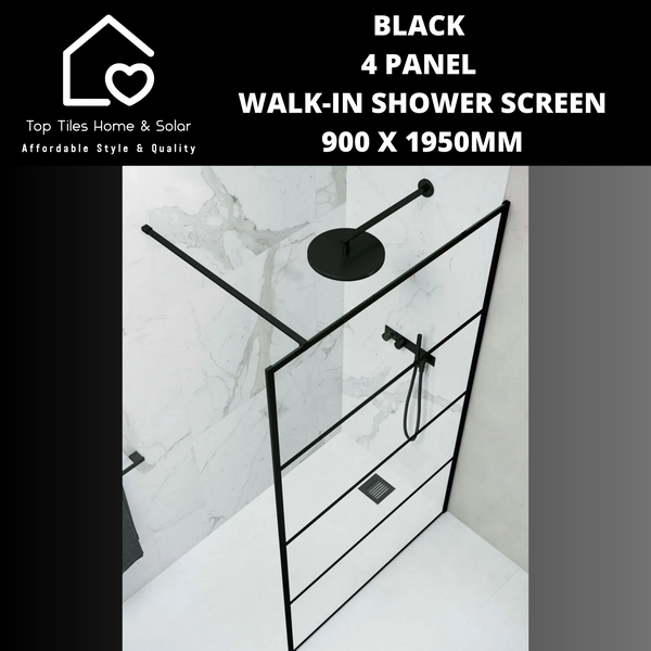 Black 4 Panel Walk-In Shower Screen - 900 x 1950mm