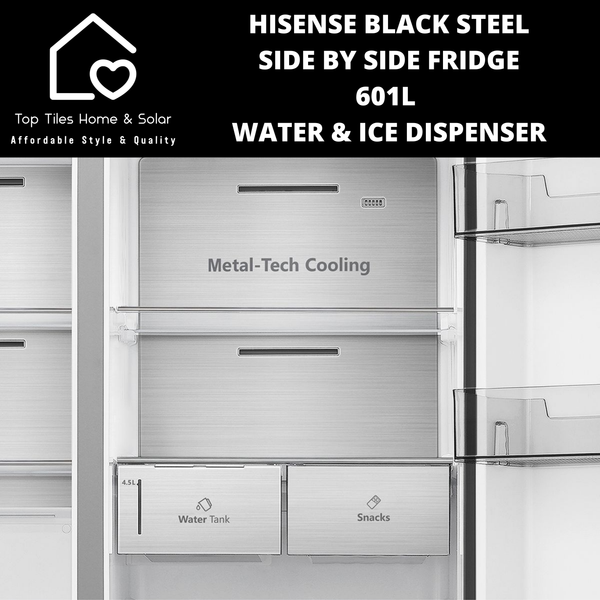 Hisense Black Steel Smart Side By Side Fridge  - 601L Water & Ice Dispenser