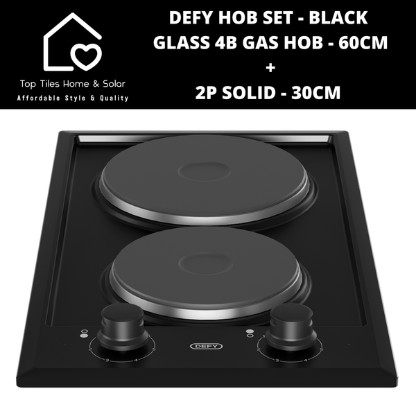 Defy Hob Set - Black Glass 4B Gas Hob - 60cm + 2P Solid 30cm