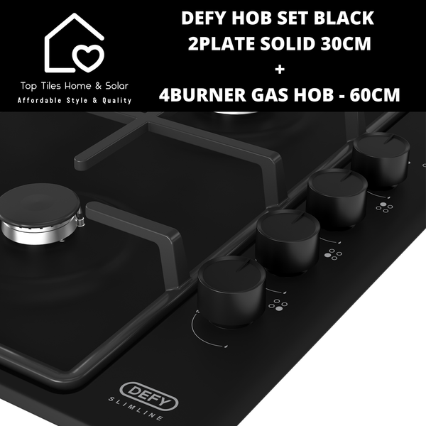 Defy Hob Set - Black 2Plate Solid 30cm + 4Burner Gas Hob - 60cm