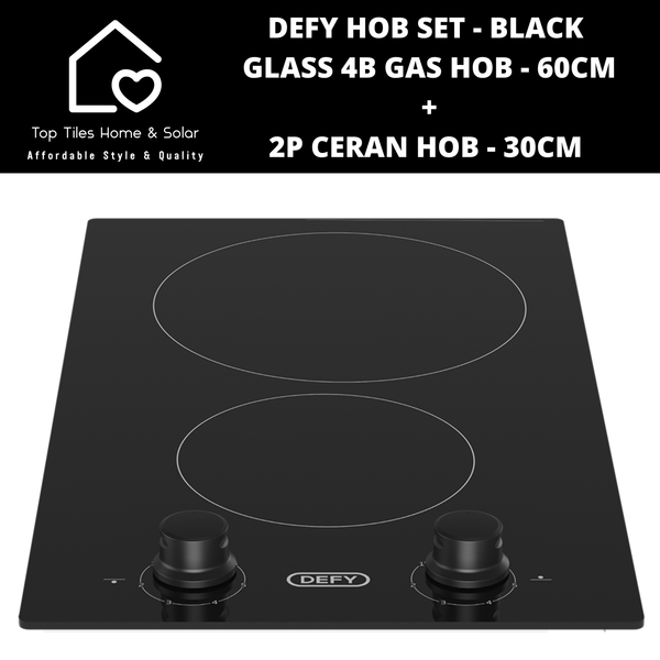 Defy Hob Set - Black Glass 4B Gas Hob - 60cm + 2P Ceran - 30cm