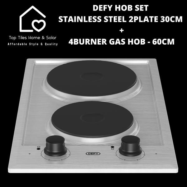 Defy Hob Set - Stainless Steel 2Plate Solid 30cm + 4Burner Gas Hob - 60cm