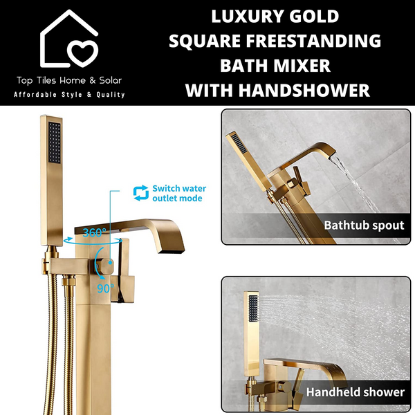 Luxury Gold Square Freestanding Bath Mixer With Handshower