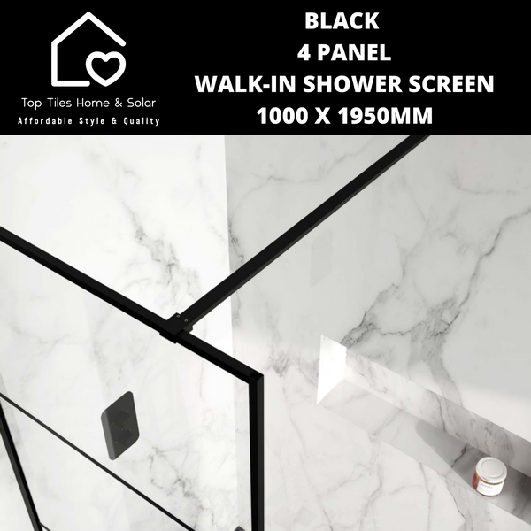 Black 4 Panel Walk-In Shower Screen - 1000 x 1950mm