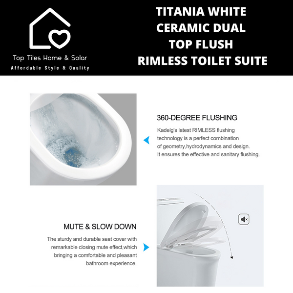 Titania White Ceramic Dual Top Flush Rimless Toilet Suite