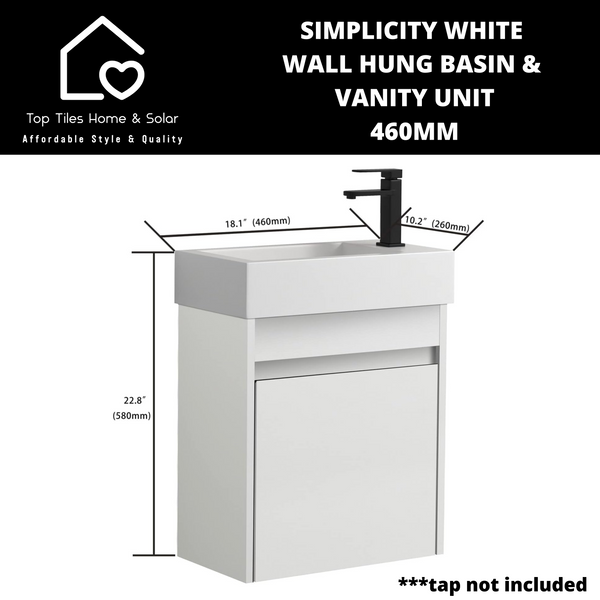 Simplicity White Wall Hung Basin & Vanity Unit - 460mm