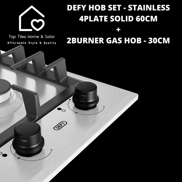 Defy Hob Set - Stainless Steel 4Plate Solid 60cm + 2Burner Gas Hob - 30cm