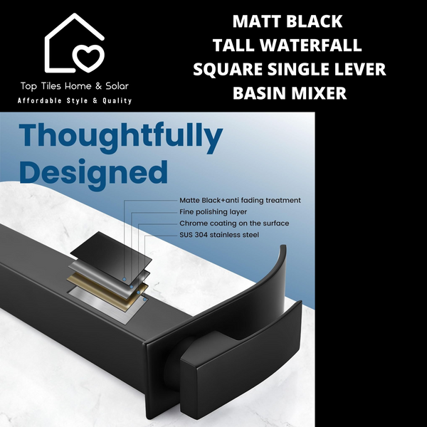 Matt Black Tall Waterfall Square Single Lever Basin Mixer