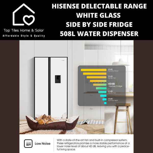 Hisense Delectable Range White Glass Side by Side Fridge - 508L Water Dispenser