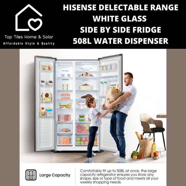 Hisense Delectable Range White Glass Side by Side Fridge - 508L Water Dispenser