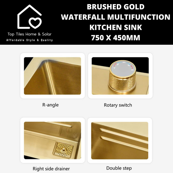 Brushed Gold Waterfall Multifunction Kitchen Sink - 750 x 450mm