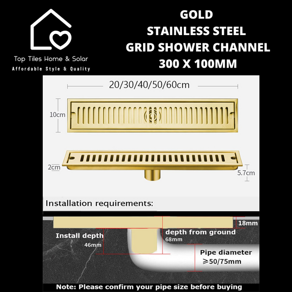 Gold Stainless Steel Grid Shower Channel - 300 x 100mm