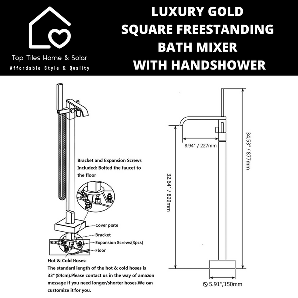 Luxury Gold Square Freestanding Bath Mixer With Handshower