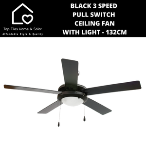 Black 3 Speed Pull Switch Ceiling Fan with Light - 132cm