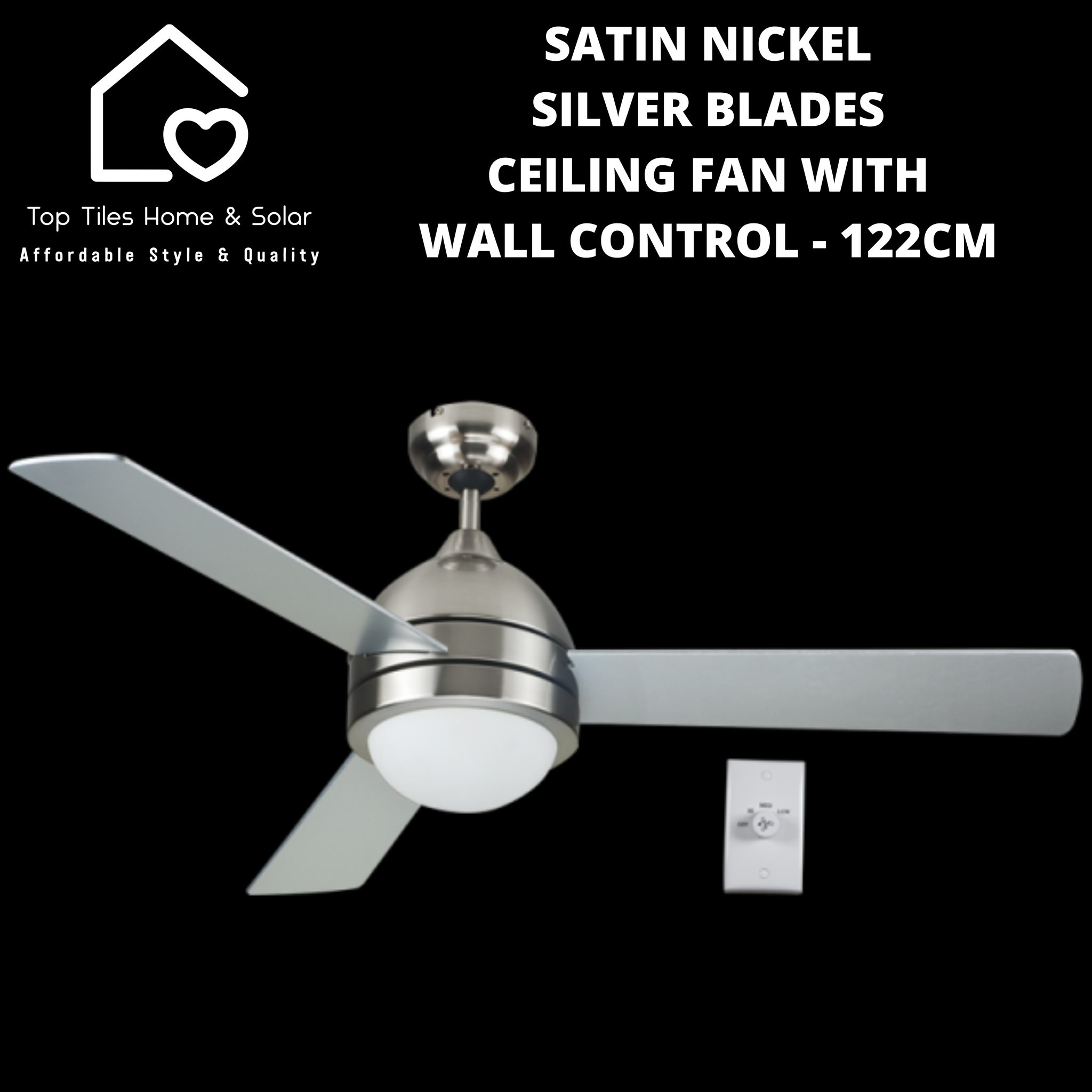 Satin Nickel & Silver Blades Ceiling Fan with Wall Control - 122cm